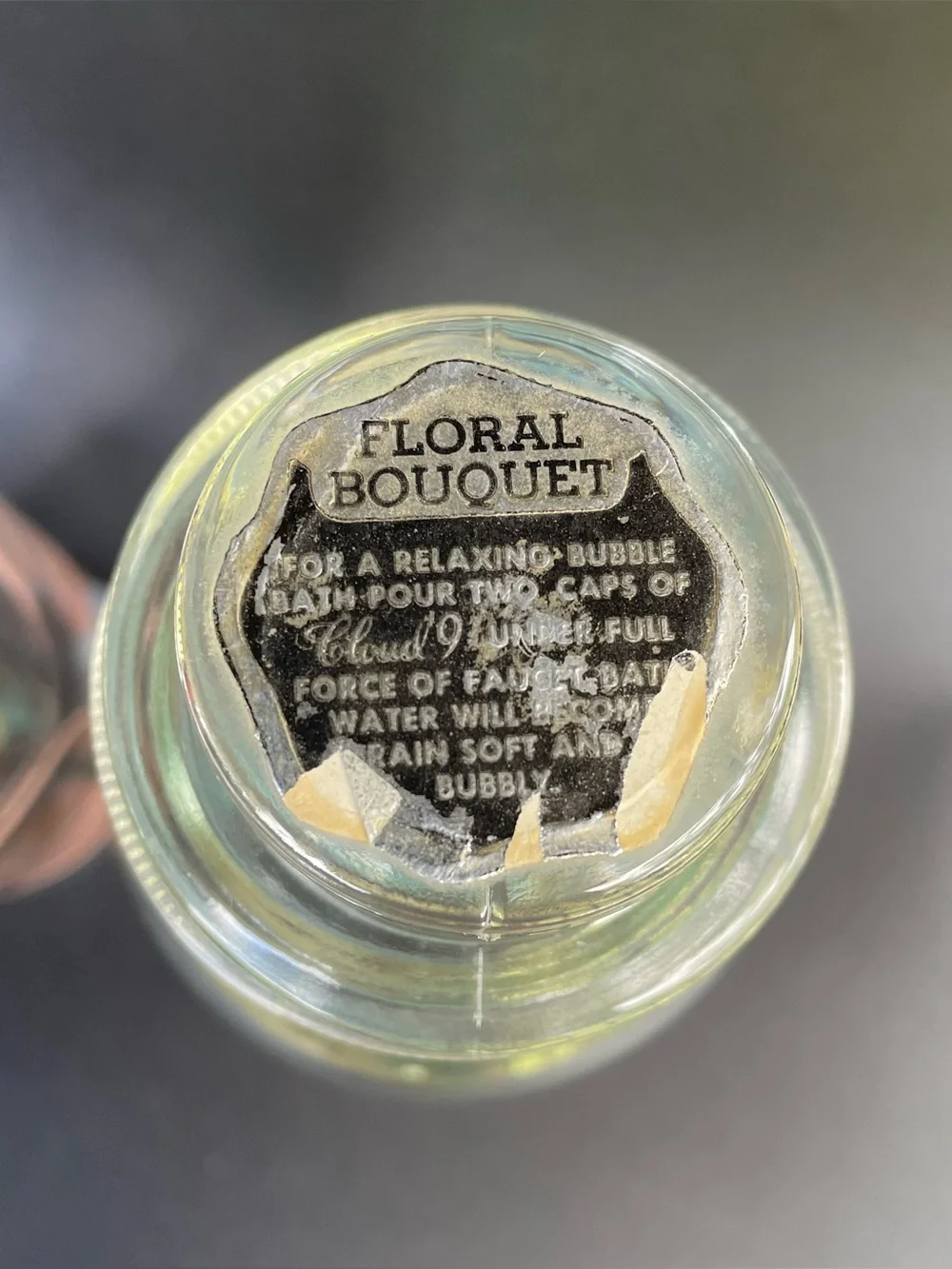 2 Vintage Glass Bubble Bath Bottles  Jars Pink Blue Gold Cloud 9 MCM Lids Labels